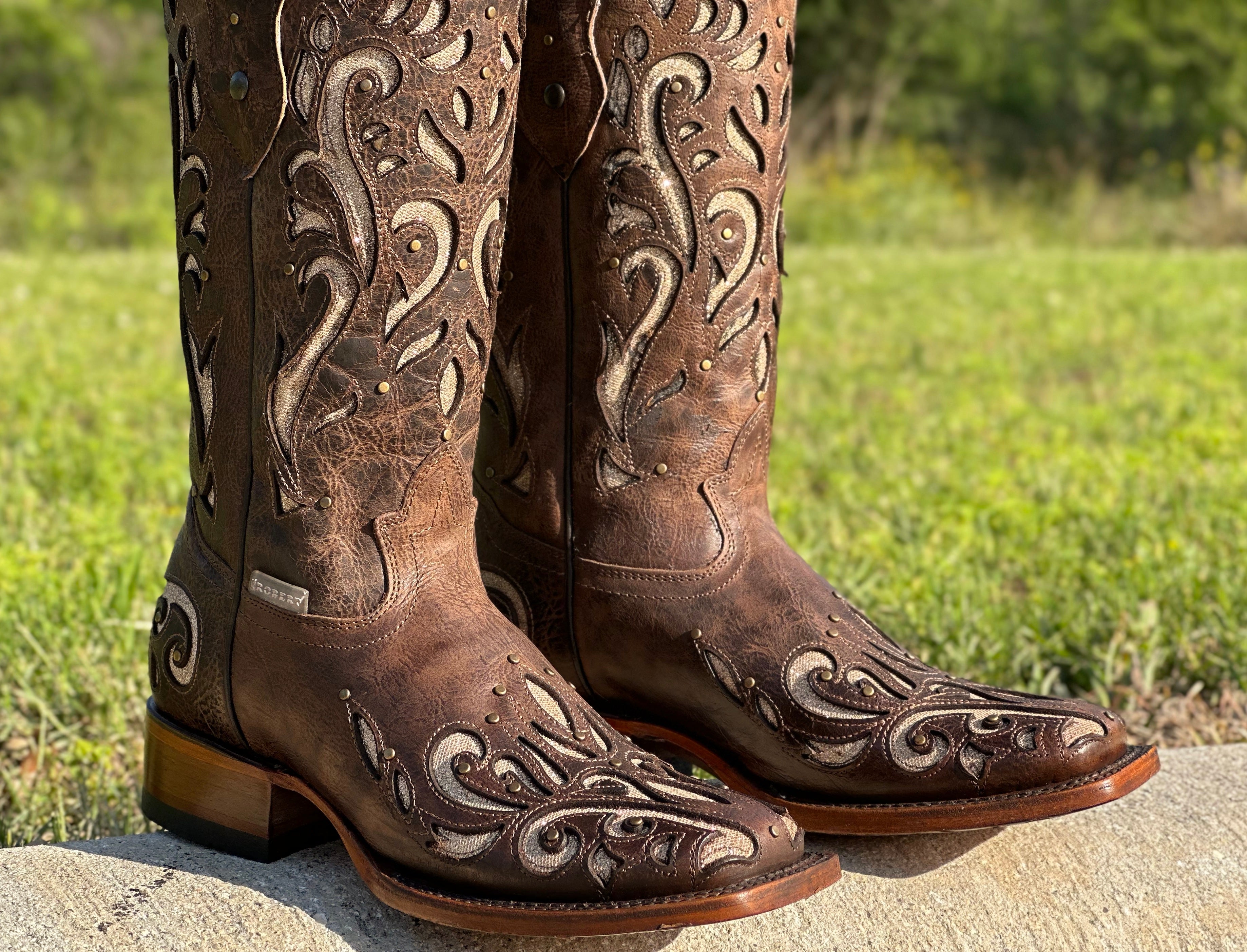 Women s Rustic Brown Leather Boots With Glitter Inlay