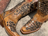  Women’s Rustic Honey Leather Boots With Gold Inlay