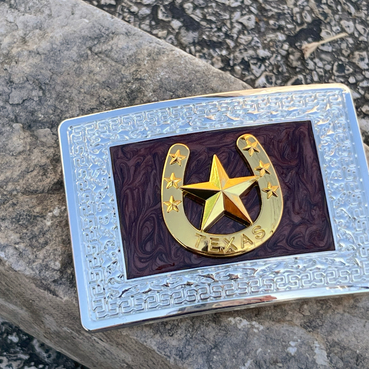 Brown And Silver Plated Buckle With Gold Horse- Shoe And Texas Star ...