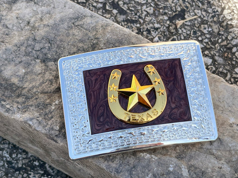 Brown And Silver Plated Buckle With Gold Horse- Shoe And Texas Star