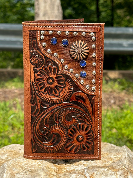 Texas Leather Hand Tooled Leather Wallet with Cowhide & Concho