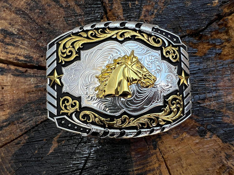 Silver and Black Plated Buckle With Gold Horse