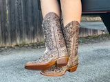 Women Rustic Brown Leather Boots With Gold Glitter Inlay- Rodeo Toe