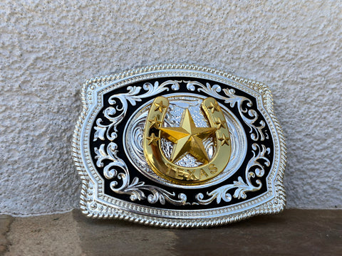 Silver And Black Plated Buckle With Gold Horse-Shoe and Texas Star