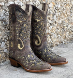 Women’s Rustic Leather Boots With Gold Inlay