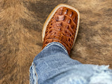 Men’s Cognac Crocodile Leather Boots White Orange Shaft