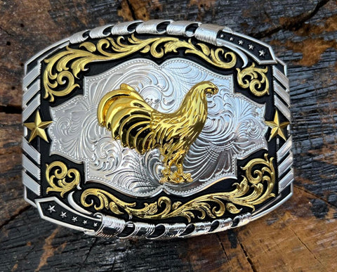 Silver And Black Plated Buckle With Gold Rooster