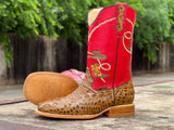 Men’s Honey Crocodile Leather Boots- Red Shaft Cowboy Embroidery