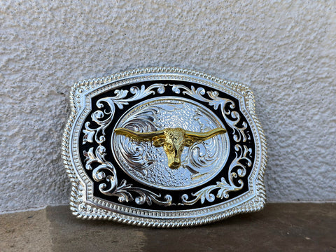 Silver And Black Plated Buckle With Gold Longhorn