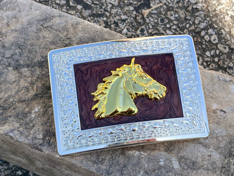 Brown And Silver Plated Buckle With Gold Horse Head