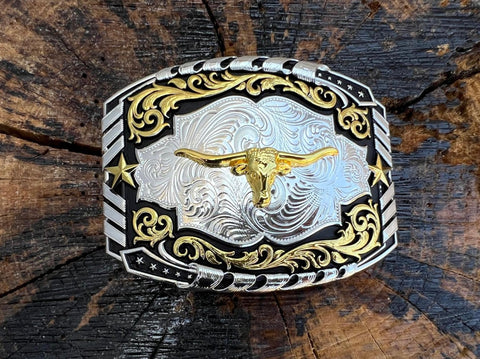 Silver And Black Plated Buckle With Gold Longhorn