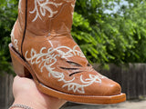  Women’s Honey Leather Boots With Gold Inlay- white Embroidery