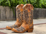  Women’s Rustic Honey Leather Boots With Gold Inlay