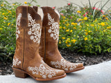 Women’s Honey Leather Boots With White Embroidery