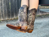 Women Rustic Brown Leather Boots With Gold Glitter Laser- Rodeo Toe