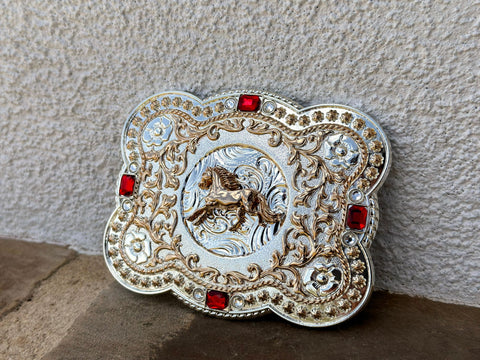 Silver & Gold Plated Buckle With Horse/Red Rhinestones