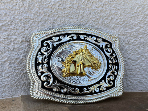 Silver And Black Plated Buckle With Gold Horse Head