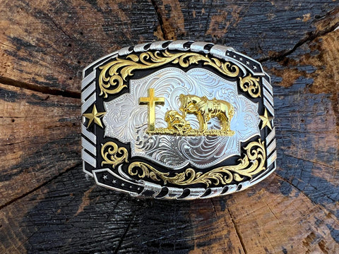 Silver and Black Plated Buckle With Gold Praying Cowboy