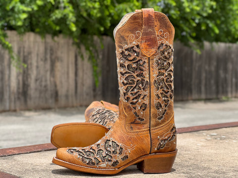  Women’s Rustic Honey Leather Boots With Gold Inlay