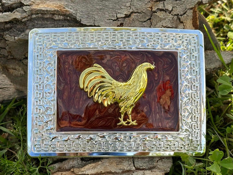 Brown And Silver Plated Buckle With Gold Rooster