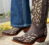 Women’s Brown Leather Boots With Gold Inlay