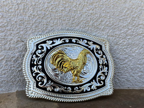 Silver And Black Plated Buckle With Gold Rooster