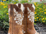 Women’s Honey Leather Boots With White Embroidery