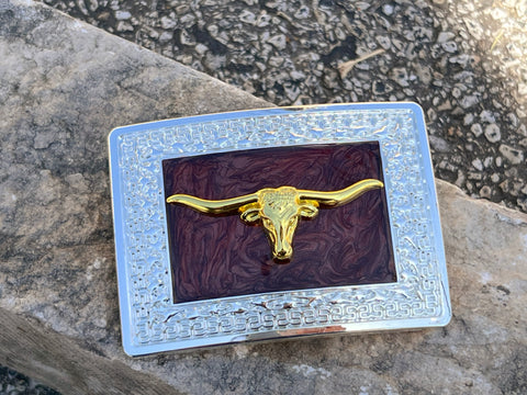Brown And Silver Plated Buckle With Gold Longhorn