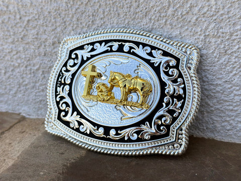 Silver And Plated Buckle With Gold Praying Cowboy