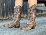 Women Rustic Brown Leather Boots With Gold Glitter Inlay- Rodeo Toe