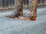 Women Rustic Brown Leather Boots With Gold Glitter Laser- Rodeo Toe