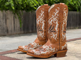  Women’s Honey Leather Boots With Gold Inlay- white Embroidery