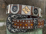 Unisex Brown Leather Belt With Mexican Eagle Rhinestone