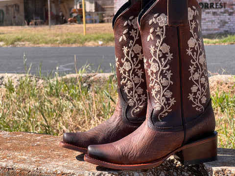 Women Brown Leather Boots With Floral Embroidery