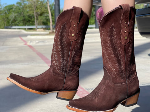 Women’s Brown Suede Boots With Beige Thread—Snip Toe