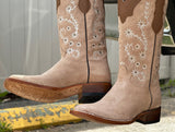 Women’s Lorraine Sand Suede Leather Boots With Floral Embroidered