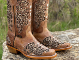 Women Tan Leather Boots With Gold Glitter Inlay -Rodeo Toe