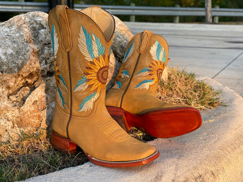 Women’s Honey Sunflower Leather Boots-Square Toe