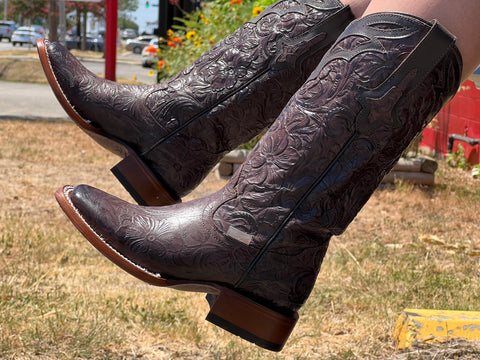 Women’s Chocolate Brown Hand-Tooled Leather Boots