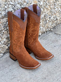Women’s Cognac Suede Boots With Floral Embroidery