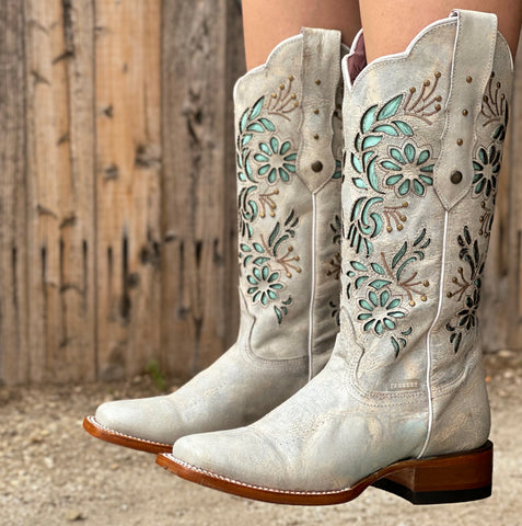 Women’s Pearl White Leather Boots With Turquoise Inlay
