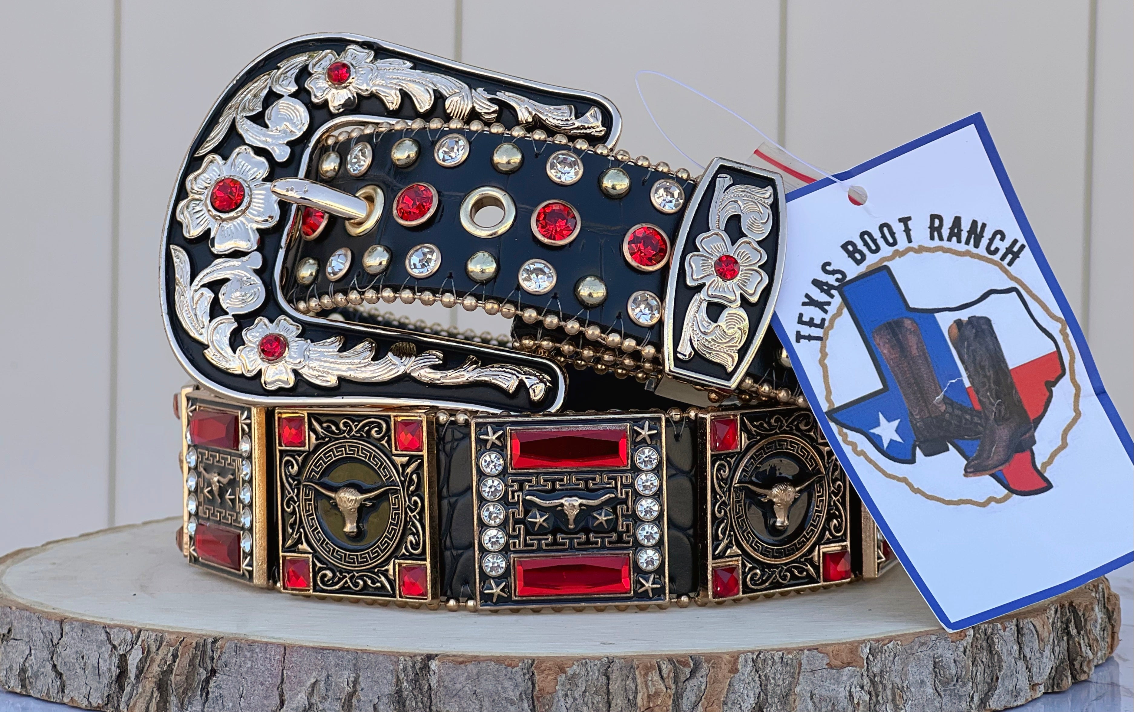Western Black Longhorn Leather Belt With Red Rhinestones