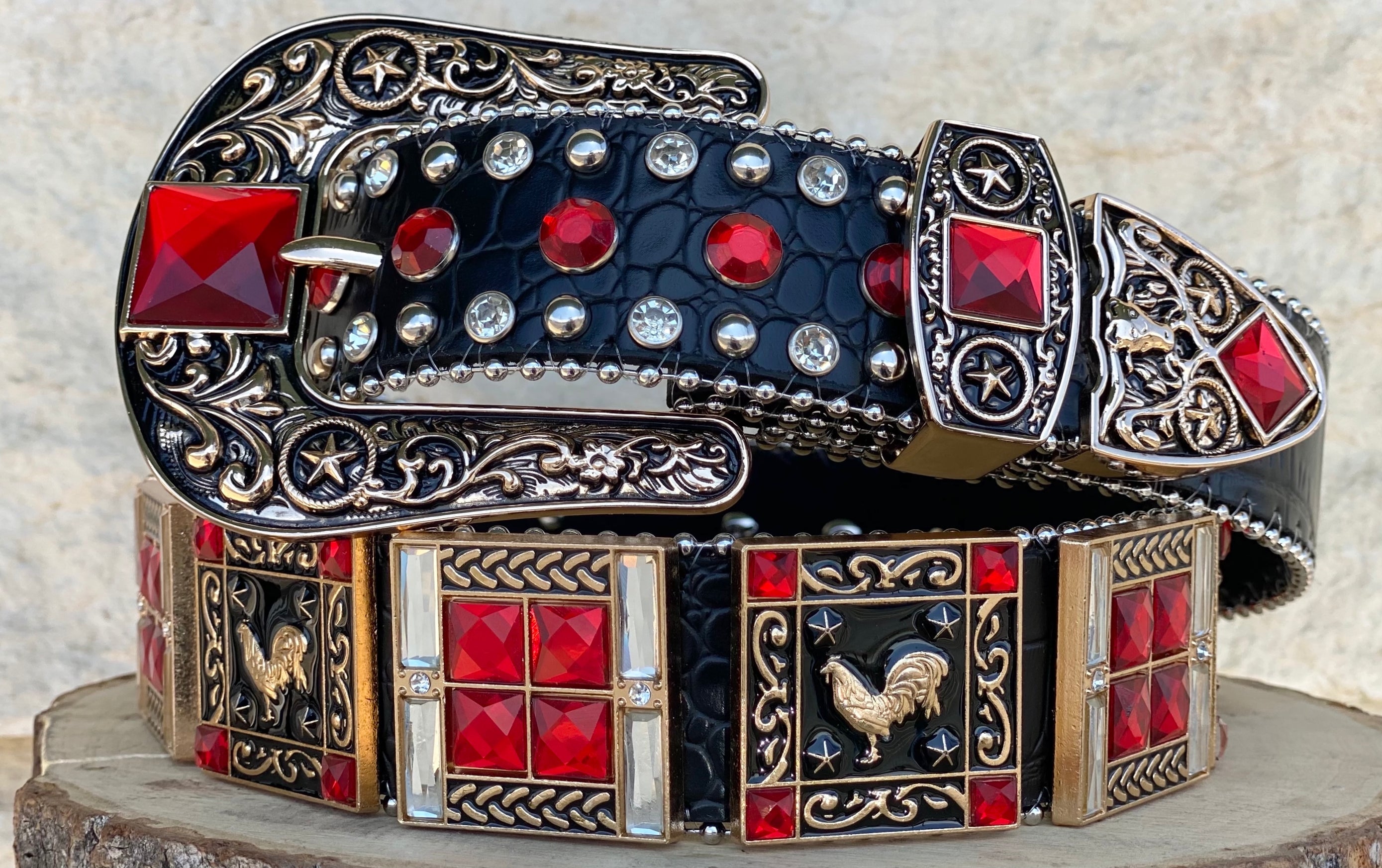Cowboy Belt Red And Black Rhinestone Belt Rhinestone Cowboy Belt