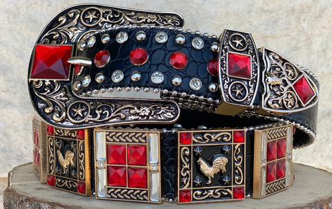 Western Black Leather Belt With Red/ Rooster Rhinestones