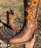 Women’s Brown Leather Boots With Sunflower Embroidery Shaft—Snip Toe