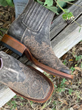 Women’s Weathered Squared Toe Leather Boots With Tan Embroidery