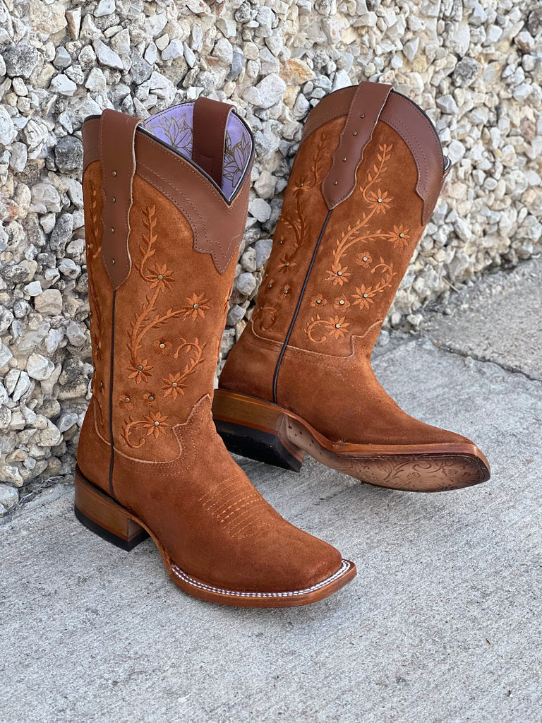 Women’s Cognac Suede Boots With Floral Embroidery – Texas Boot Ranch