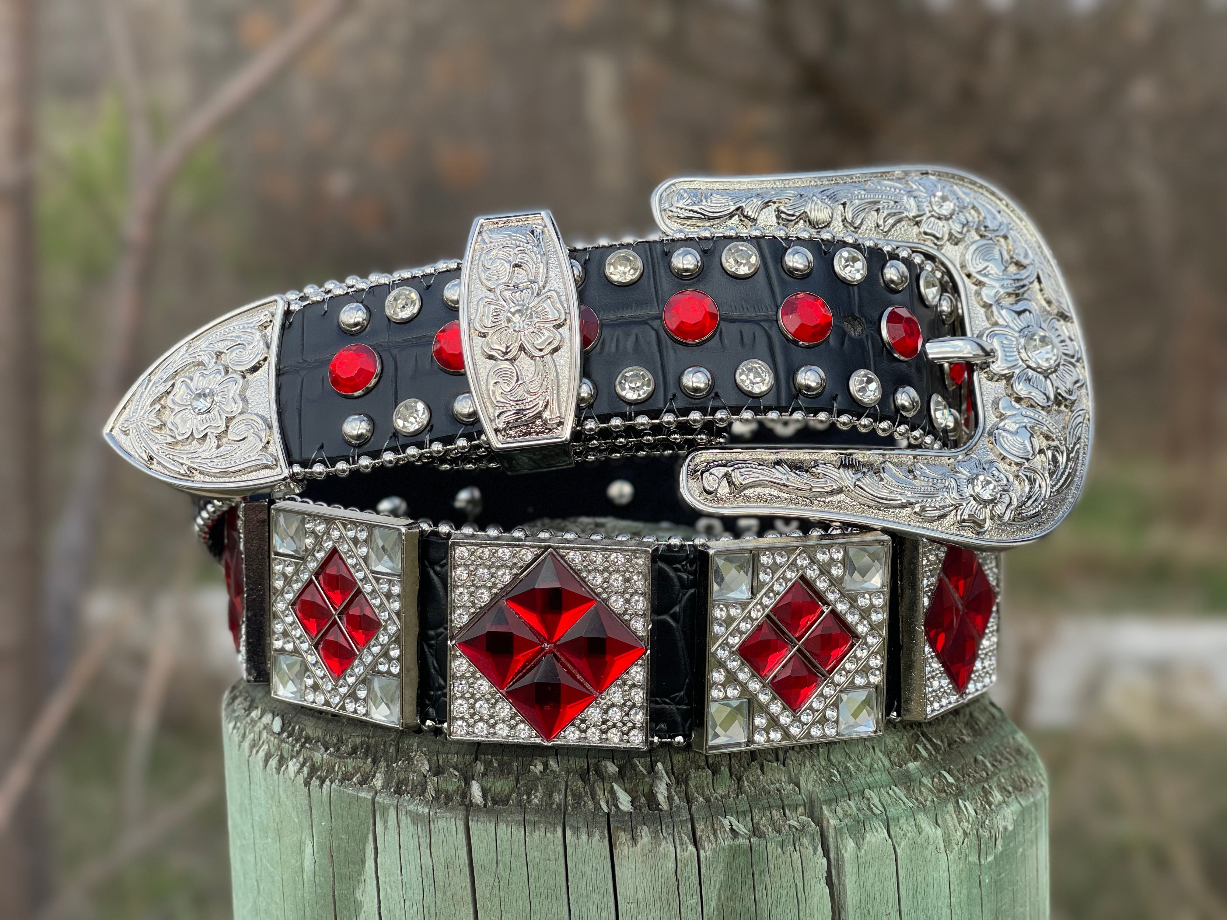 Unisex Black Leather Belt With Red Rhinestones Texas Boot Ranch