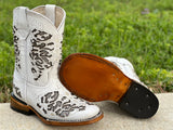Kid’s White Leather Boots With Silver Inlay-Square Toe