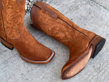 Women’s Cognac Suede Boots With Floral Embroidery